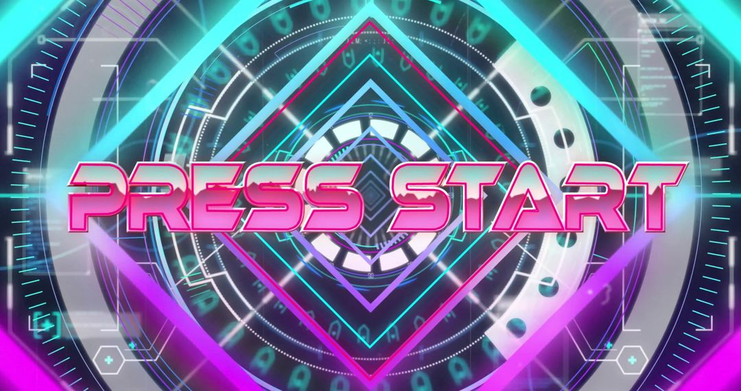 Neon Press Start Text on Futuristic Patterned Background