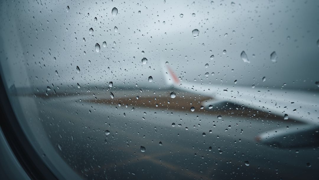 Rain-speckled airplane window framing blurred wing over wet tarmac under moody overcast
