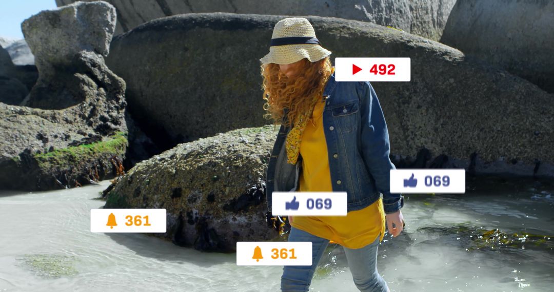 Woman Enjoying Beach with Social Media Engagement Concepts