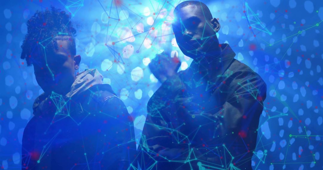 Dynamic Portrait of Men in Futuristic Blue Glow with Digital Network