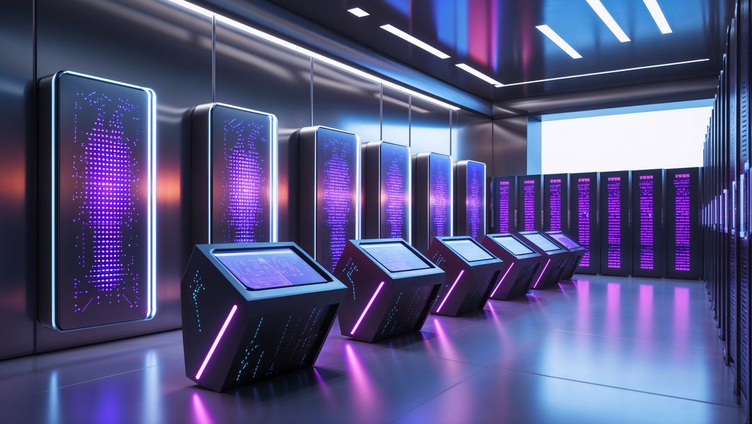 Futuristic data center with led server panels and kiosks  for website designs