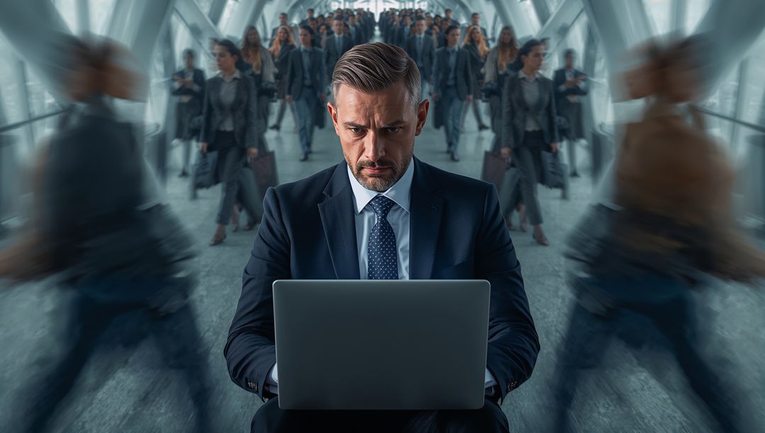 Focused Businessman Working on Laptop in Modern Corridor