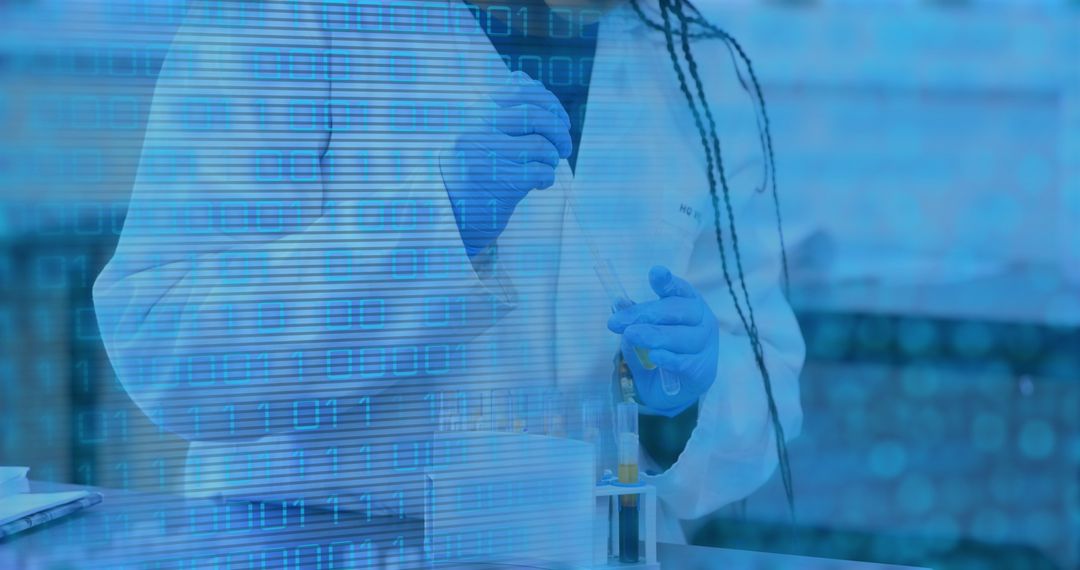 Scientist in Lab with Data Overlay: Innovation in Biotech Exploration