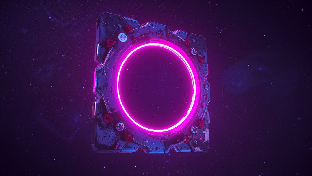 Neon Portal Ring Floating in Deep Space with Futuristic Square Metal Frame and Bolts