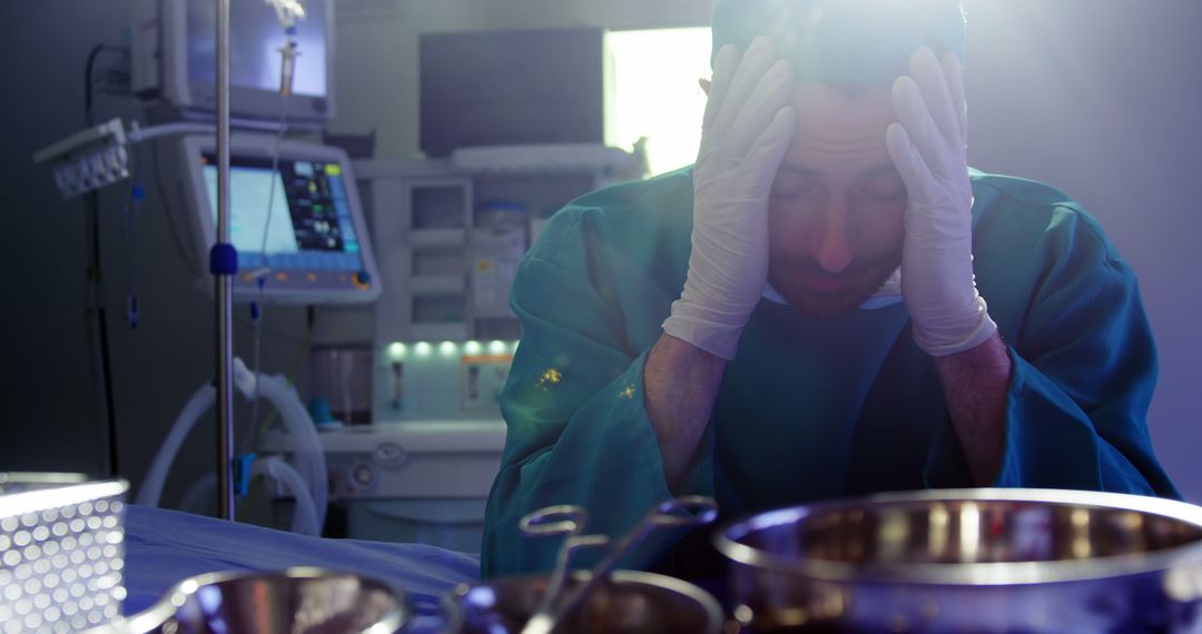 A weary surgeon reflects amid surgery in a tense operating room scene. - Free Images, Stock Photos and Pictures on Pikwizard.com