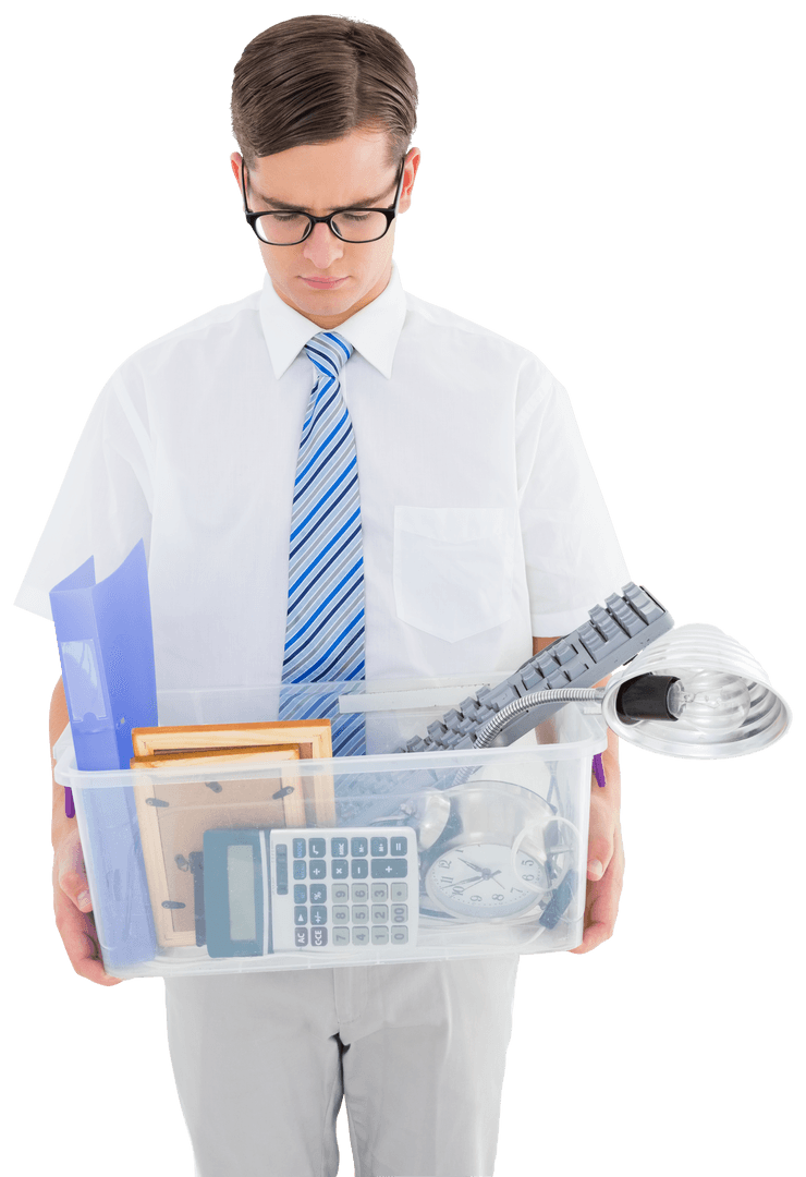 Transparent Background of Fired Businessman Holding Box of Personal Items
