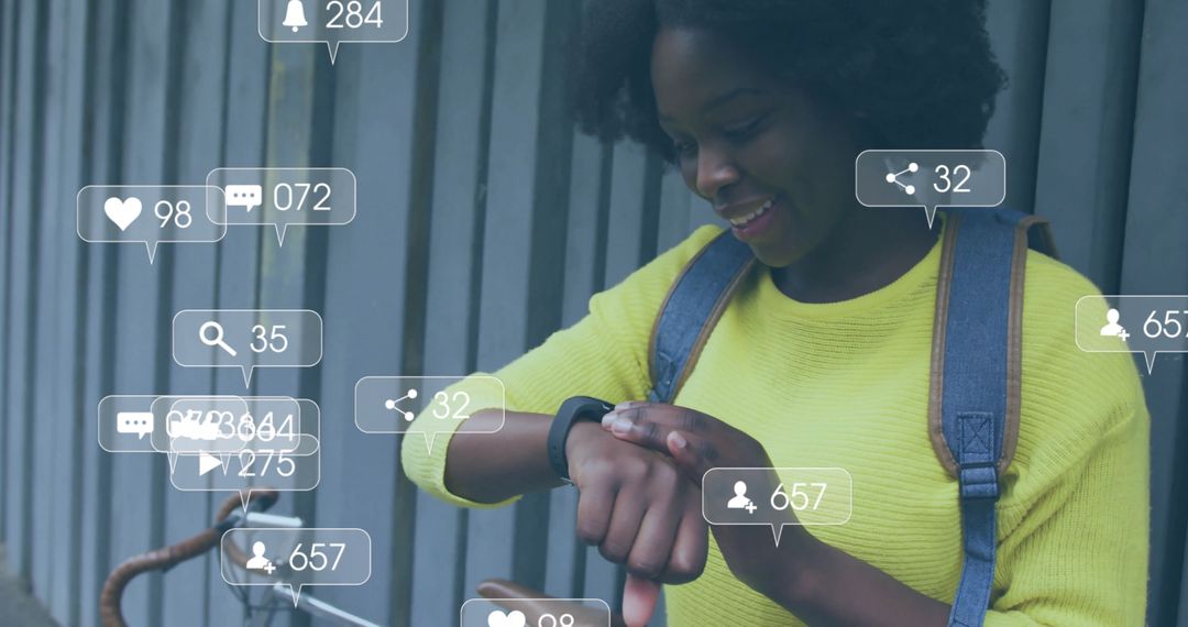 Happy Woman Engaging with Social Media Using Smartwatch