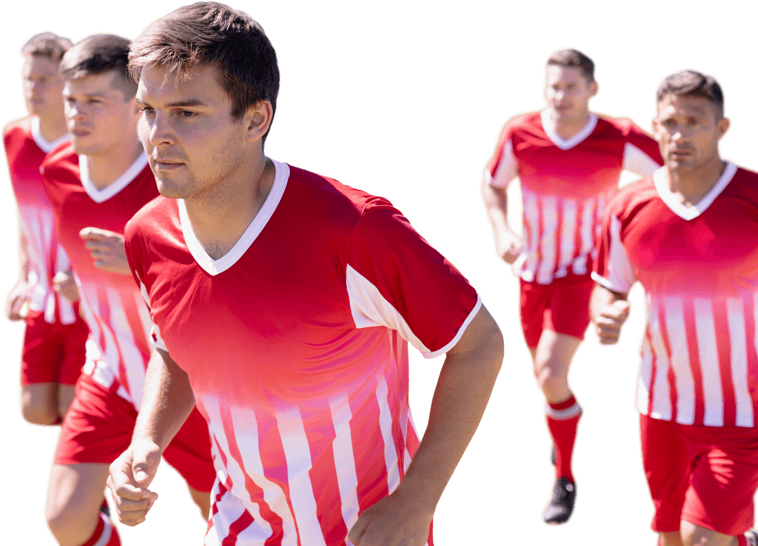 Transparent Group of Soccer Players Running Together in Red Kit