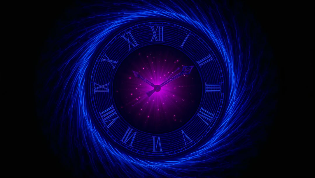 Futuristic Analog Clock with Roman Numerals in Cosmic Blue Vortex