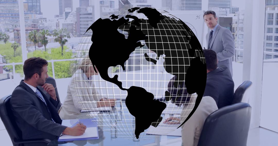 Business Meeting in Modern Office with Globe Graphic Overlay