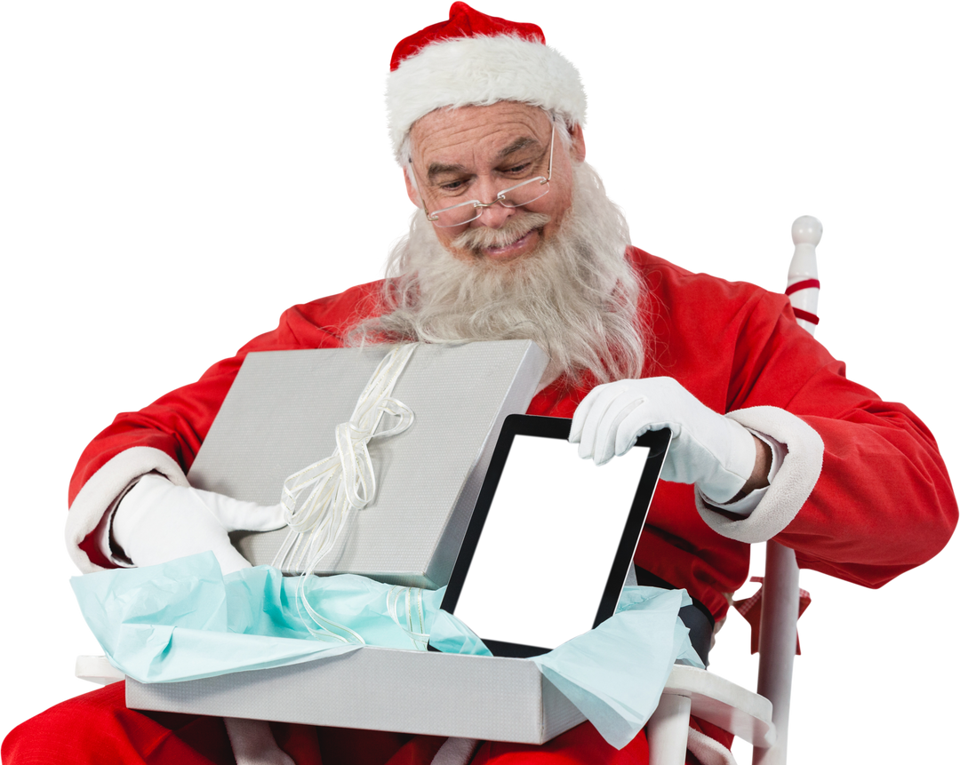 Santa Claus Holding Digital Tablet and Gift Box in Transparent Background - Download Free Stock Images Pikwizard.com