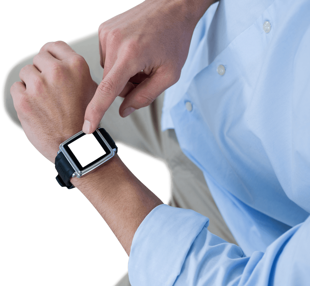 Transparent View Man Points Smartwatch Facing Camera Blank Screen