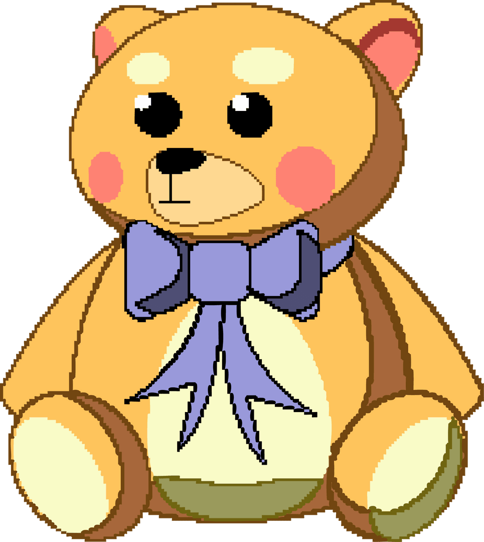 Pixel Art Teddy Bear with Blue Bow Sitting on Transparent Background