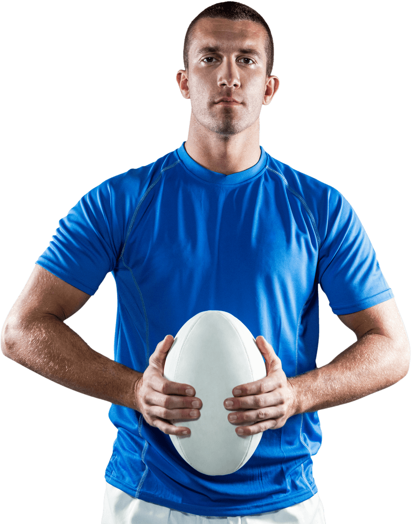 Transparent Image of Focused Rugby Player Holding Ball in Blue Jersey