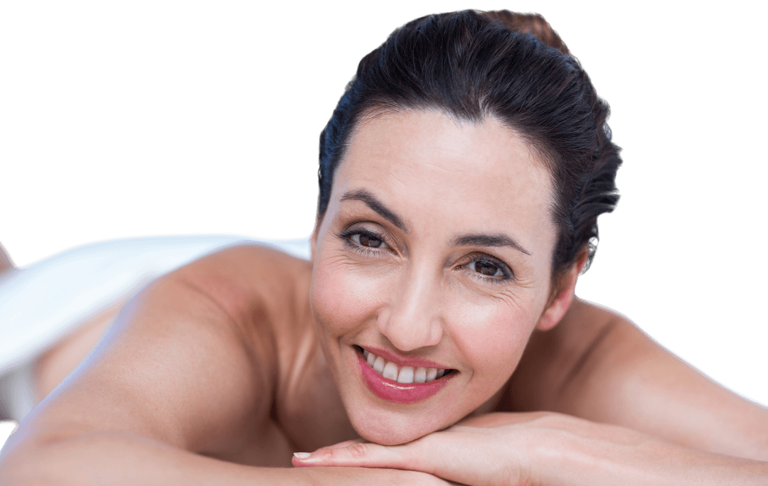 Relaxed Woman Smiling on Massage Table Transparent Background