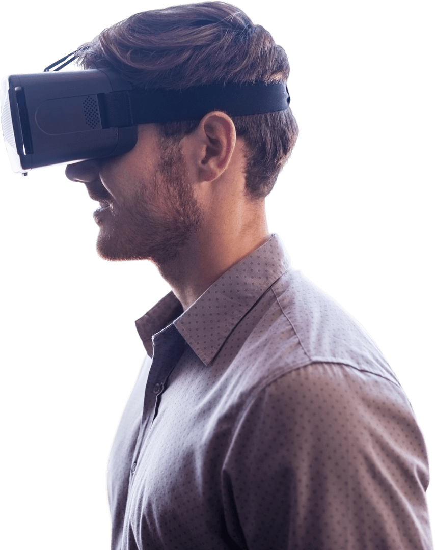 Caucasian Man Experiencing Virtual Reality with Headset on Transparent Background
