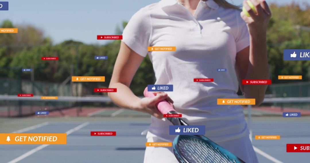 Female Tennis Player on Court with Social Media Banners
