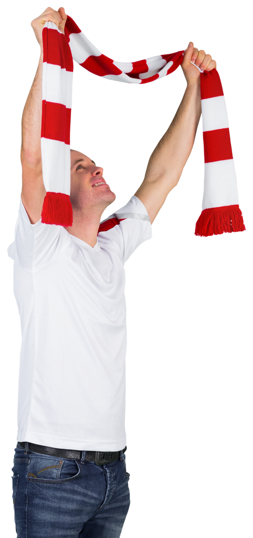 Cheering Football Fan with Red and White Scarf on Transparent Background - Download Free Stock Images Pikwizard.com