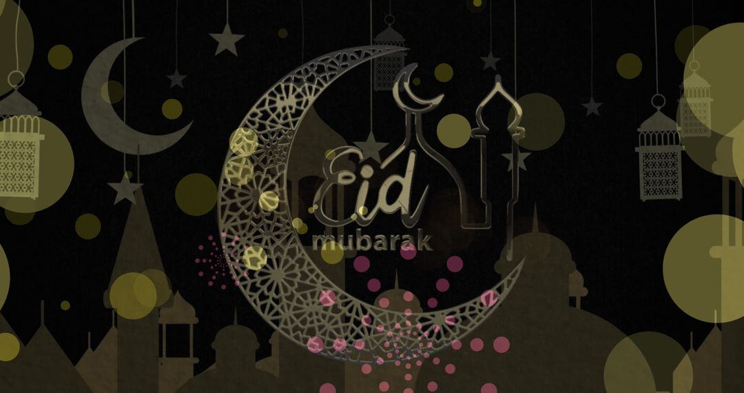 Eid Mubarak Greeting with Abstract Moons and Mosque Silhouettes - Free Images, Stock Photos and Pictures on Pikwizard.com