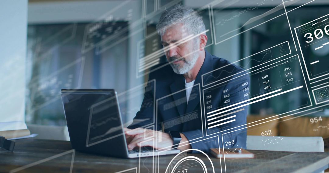 Senior executive analyzing dashboards on laptop with HUD overlays