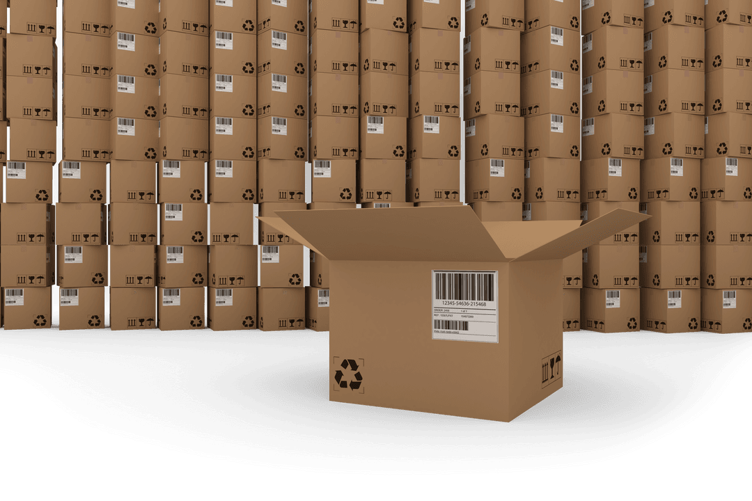 Open Cardboard Box Against Stack Background with Recycling Symbol