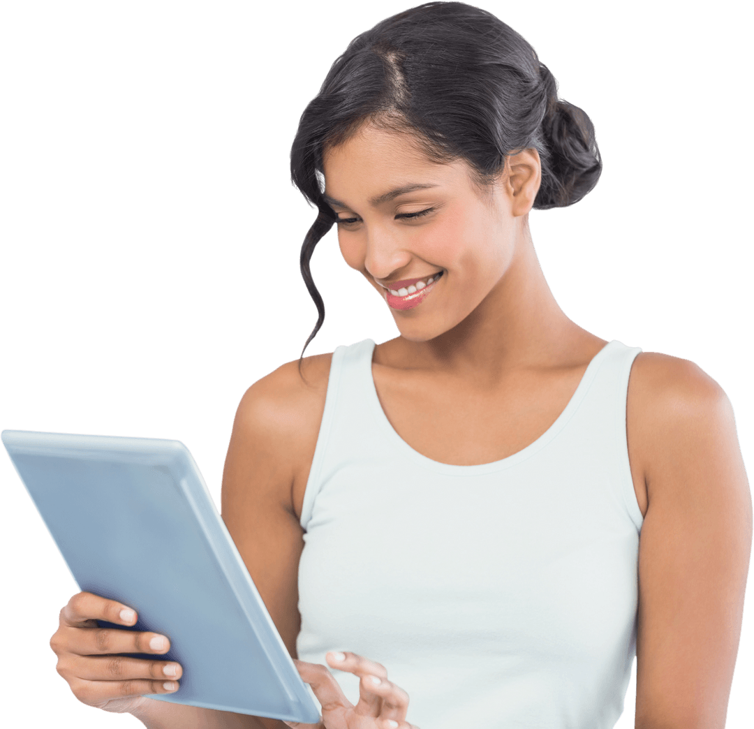 Smiling Woman Using Digital Tablet on Transparent Background