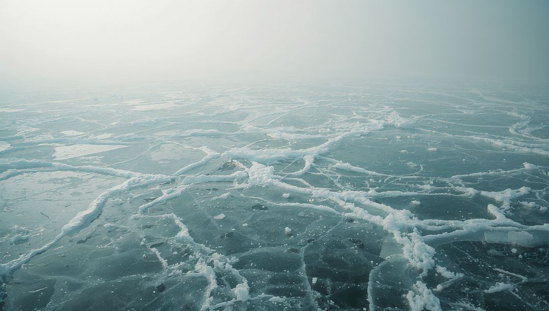 Foggy Icy Lake with Crack Patterns and Snow Ridges in Winter
