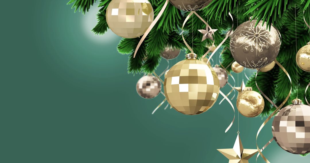 Festive Gold and Silver Christmas Ornaments on Evergreen Branch