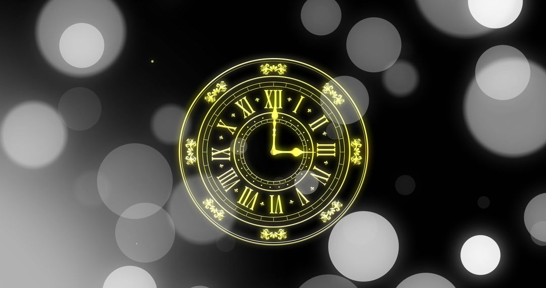 Midnight Clock with Glowing Bokeh Lights: New Year Celebration