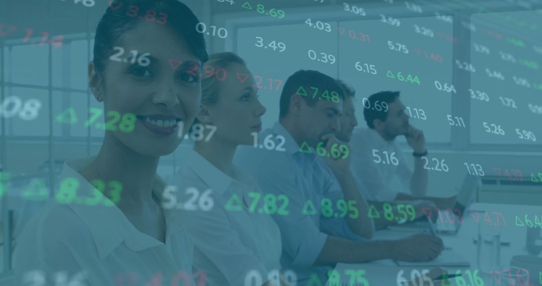 Financial Analysts with Data Overlay in Modern Office