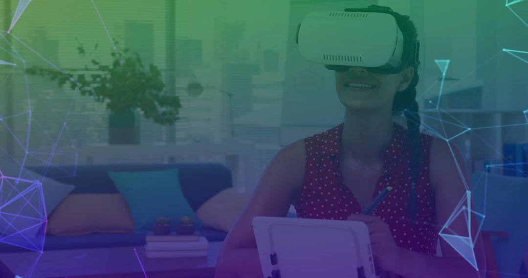 Woman Engaging with VR Technology, Exploring Digital World