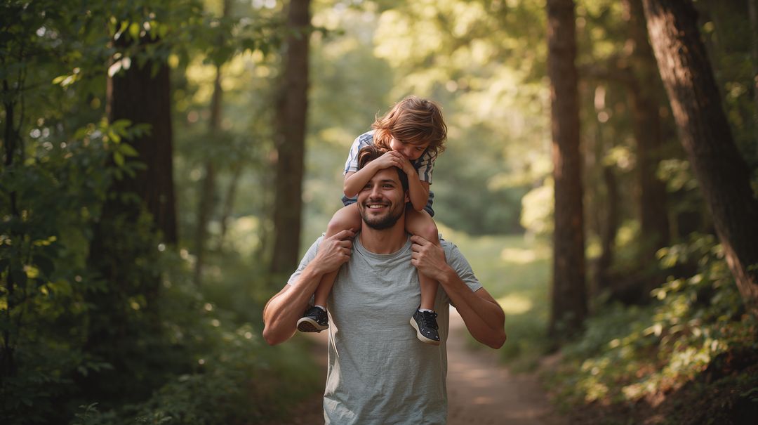 Father carrying son on shoulders walking sunlit forest trail joyful family bond summer