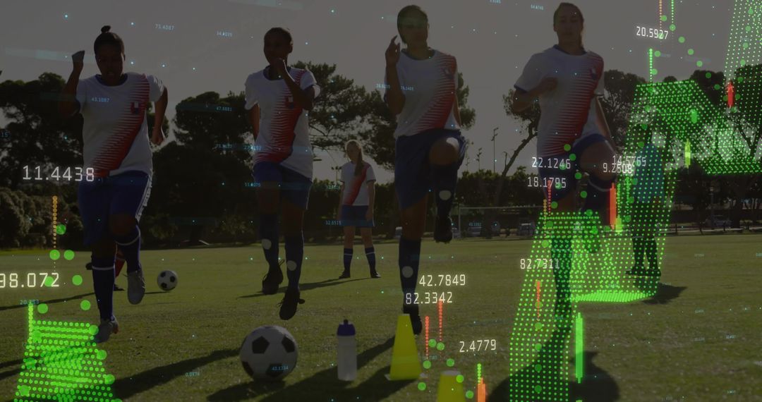 Soccer Players Performing Drills with Financial Data Overlay
