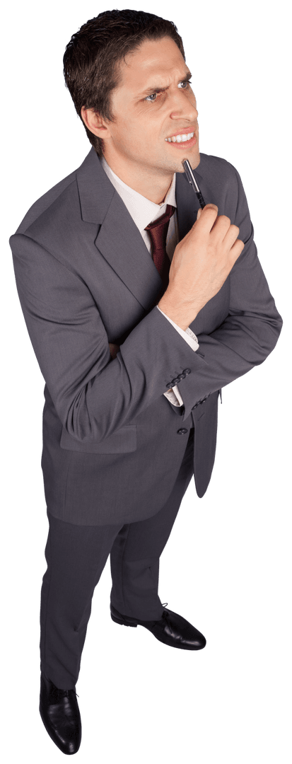 Confused Businessman Holding Pen with Pondering Expression Transparent Background