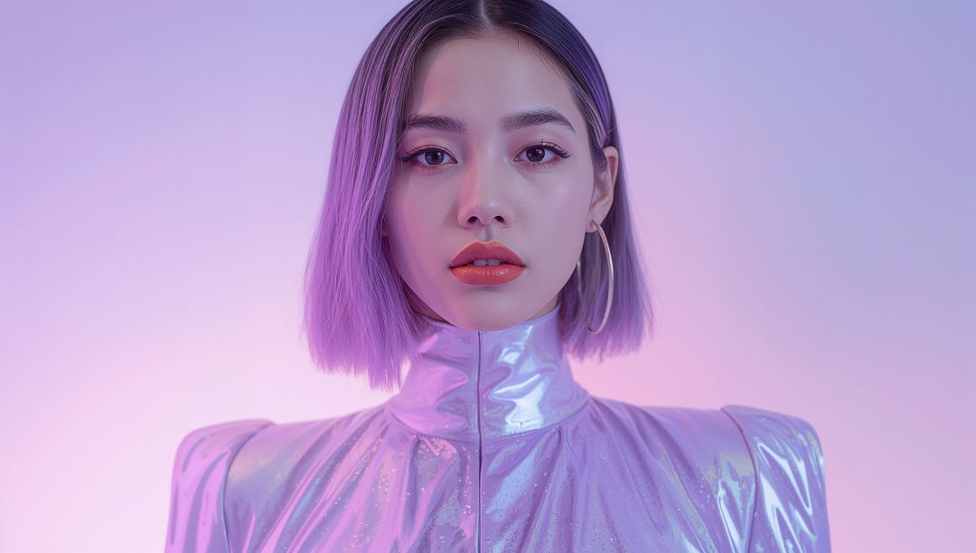 Futuristic Female Model in Metallic Jacket with Neon Lighting