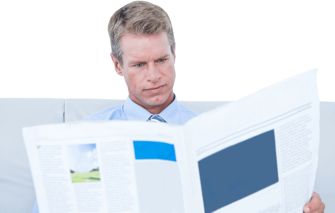 Transparent Businessman Reading Newspaper with Neutral Expression