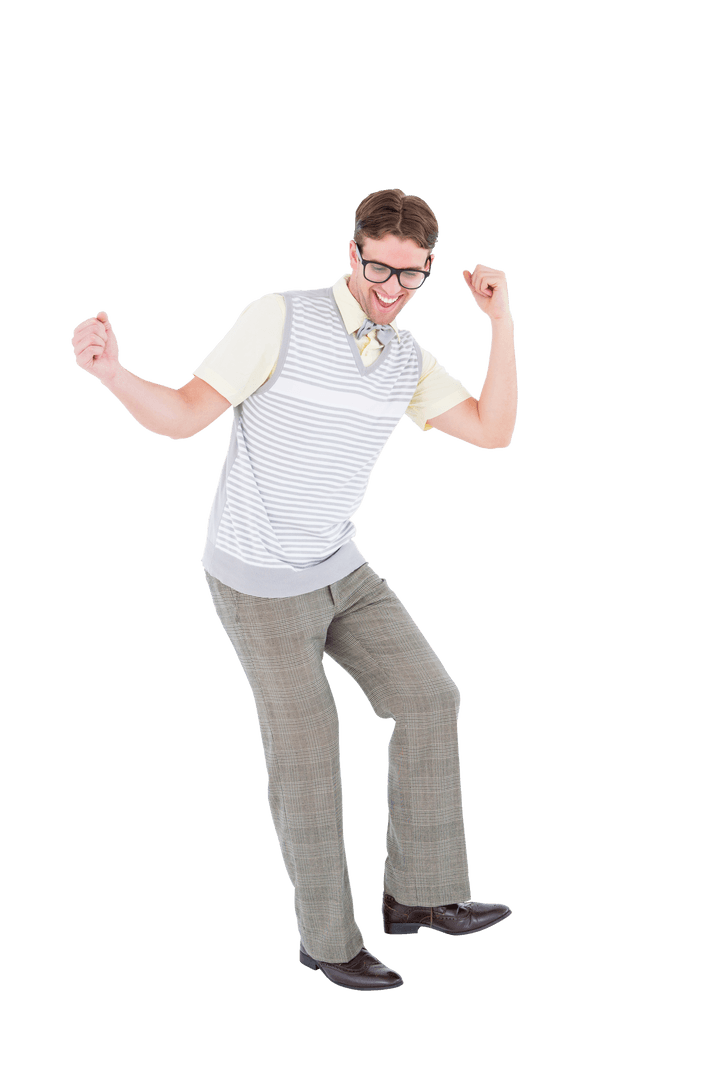 Cheerful Geeky Hipster Dancing Feeling Joyful on Transparent Background