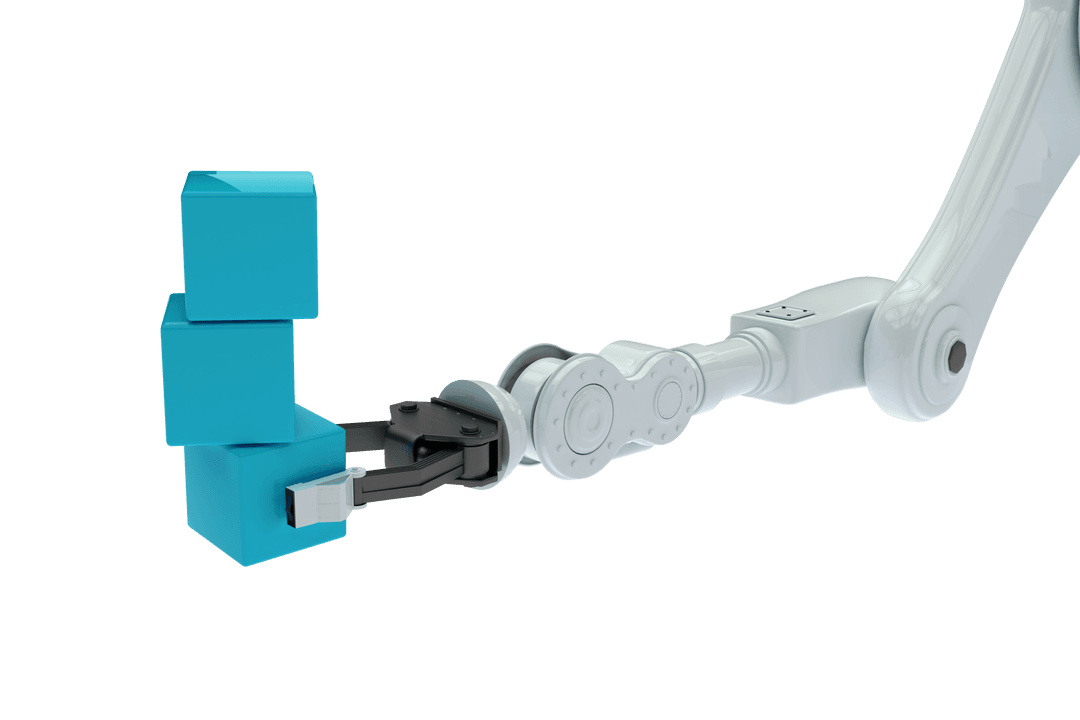 Transparent Robotic Arm Holding Stacked Blue Cubes