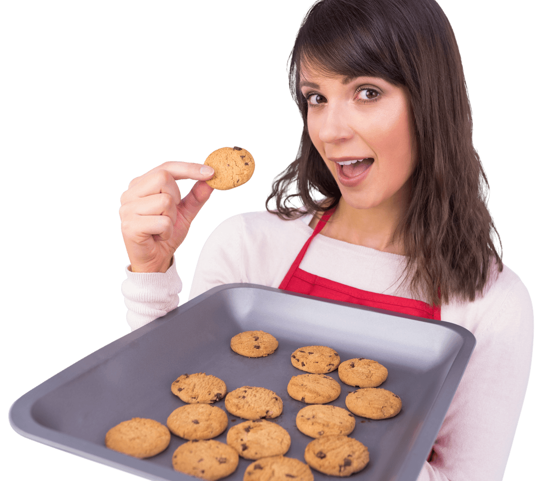 Happy Woman Holding Cookie Tray with Cookies on Transparent Background