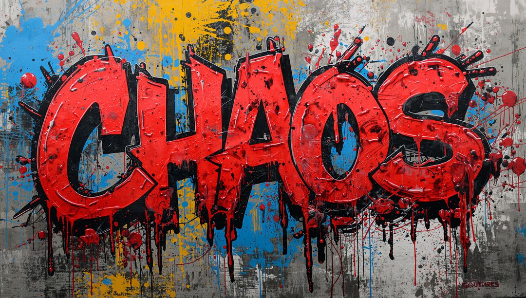 Bold CHAOS Graffiti Mural with Red Drips and Blue Splatter on Weathered Concrete Wall