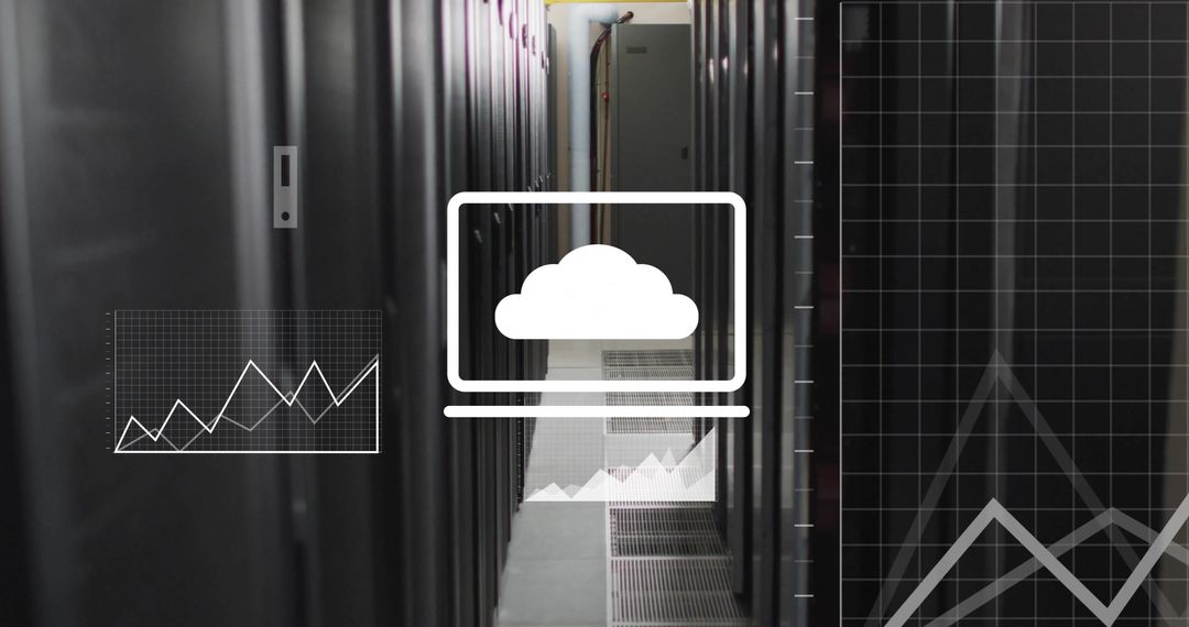 Digital Data Processing in Modern Server Room with Graphic Overlays