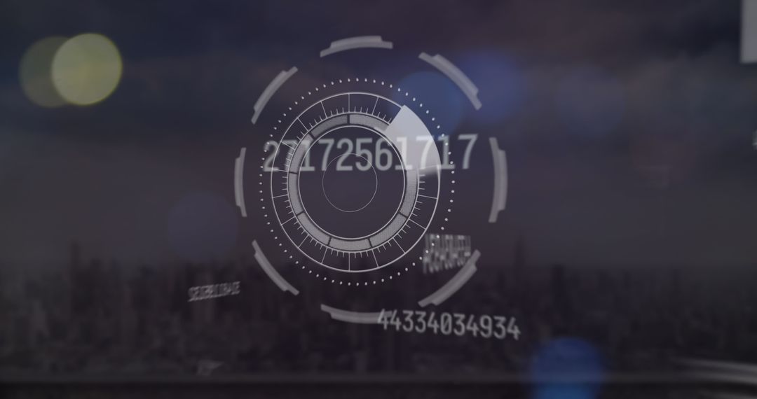 Futuristic Digital Interface with Data Over Cityscape Background