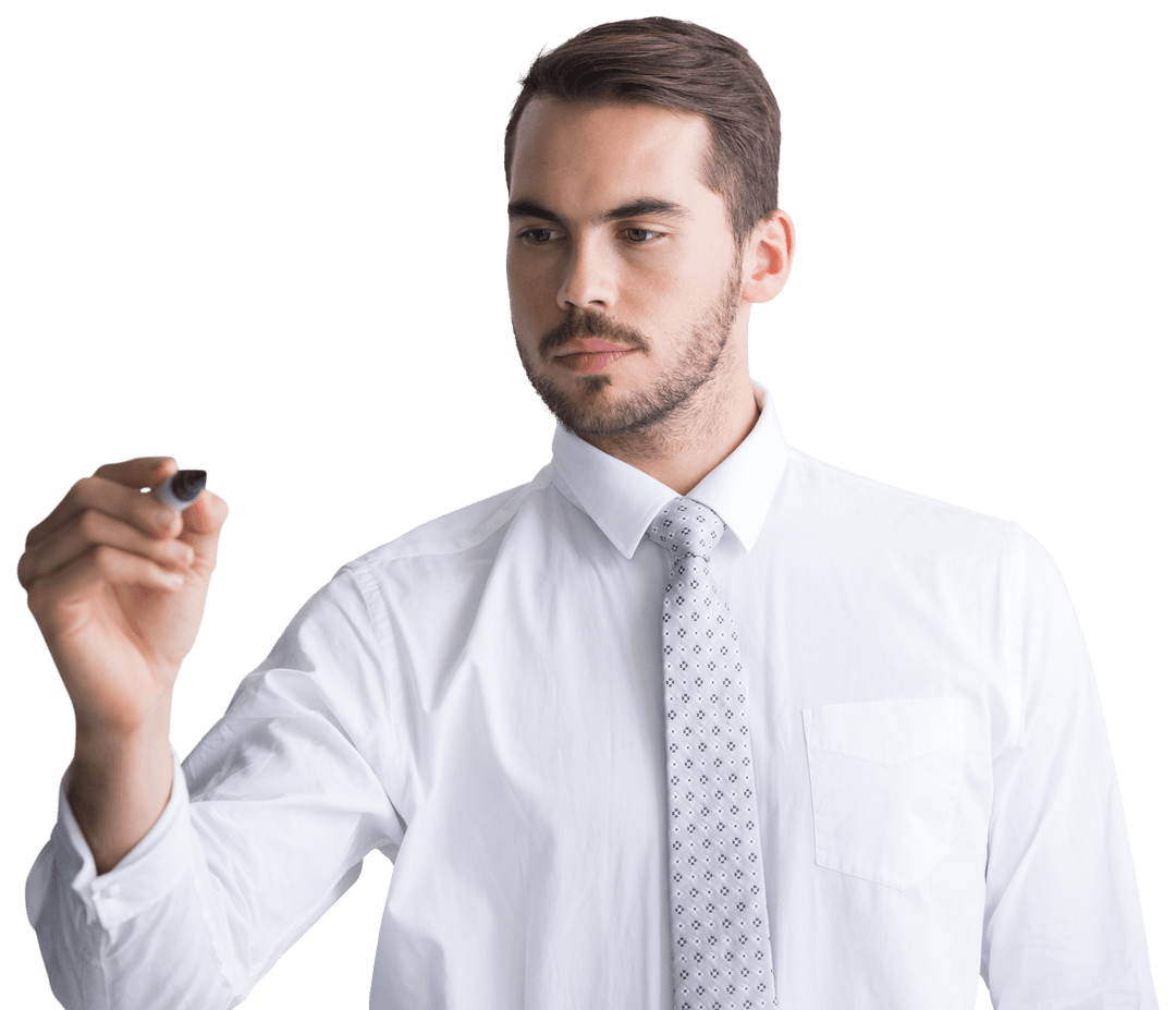 Confident Businessman Writing with Marker on Transparent Background