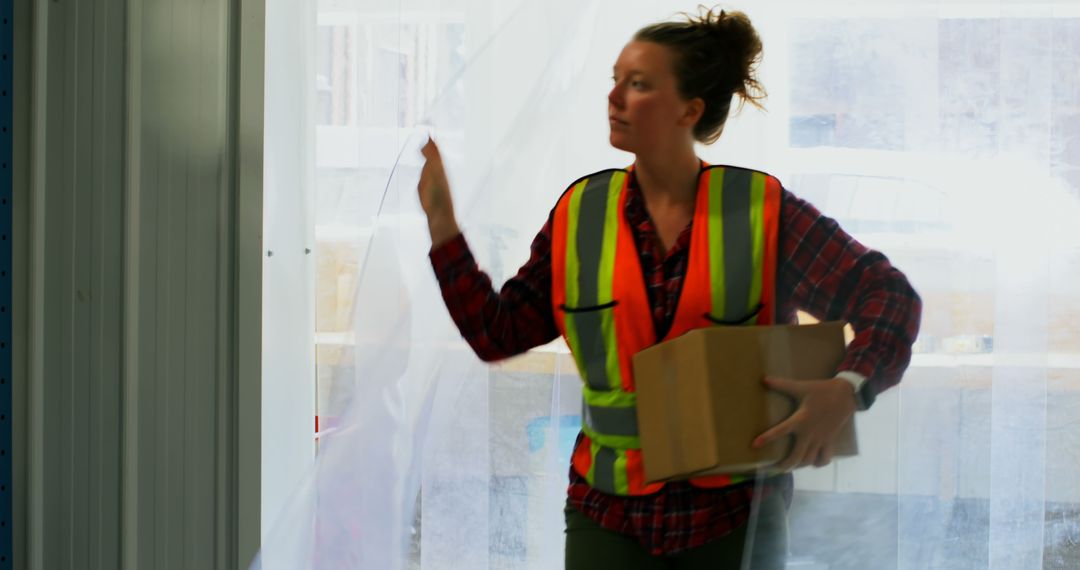 Female Construction Worker Holding Box On Site