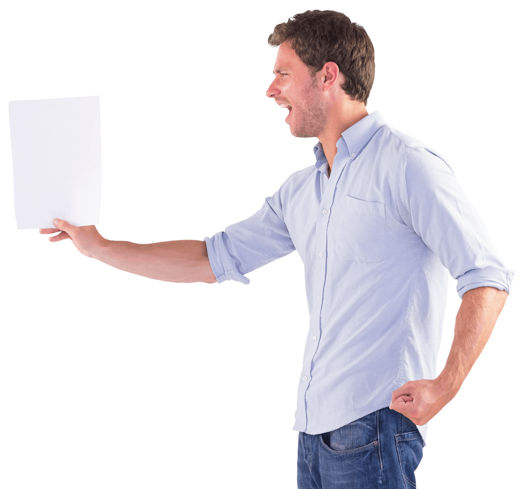 Man Expressing Frustration Holding Paper on Transparent Background