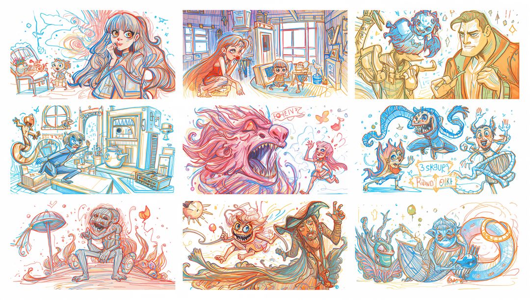 Whimsical comic collage showcasing nine vibrant fantasy vignettes with quirky characters