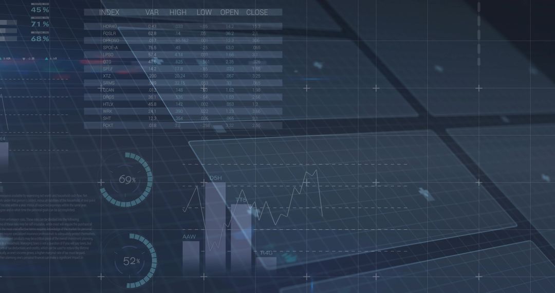 Futuristic holographic analytics dashboard floating over grid with line graph and bar chart