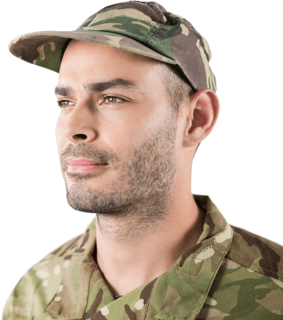 Serious Military Man in Camouflage Outfit with Transparent Background