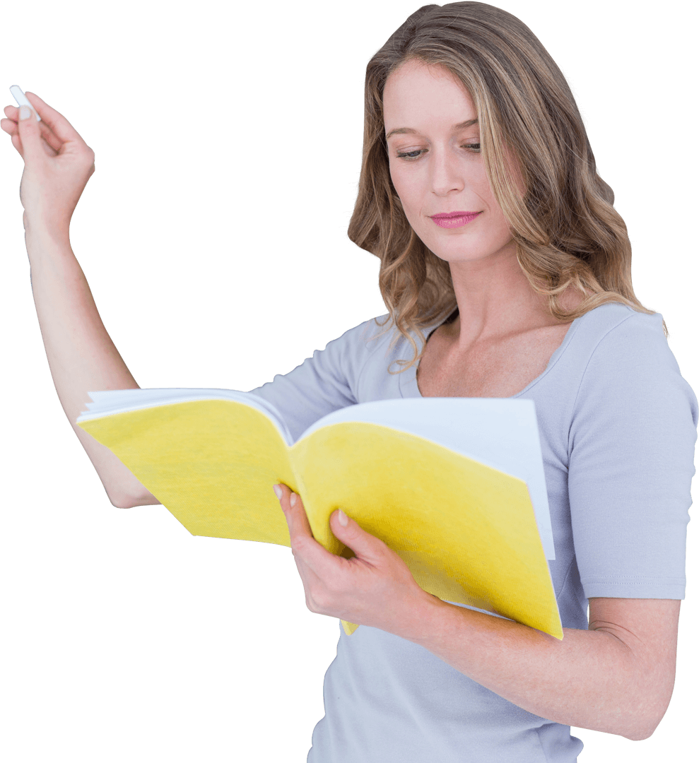 Confident Woman with Yellow Book on Transparent Background