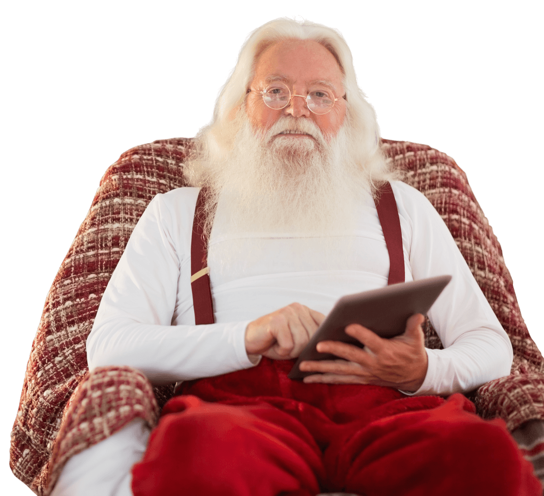 Transparent Santa Claus Reading Tablet on Comfortable Chair